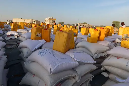 Aid provided by the World Food Program is seen in Adre Camp in Adre, Chad, on November 8, 2023